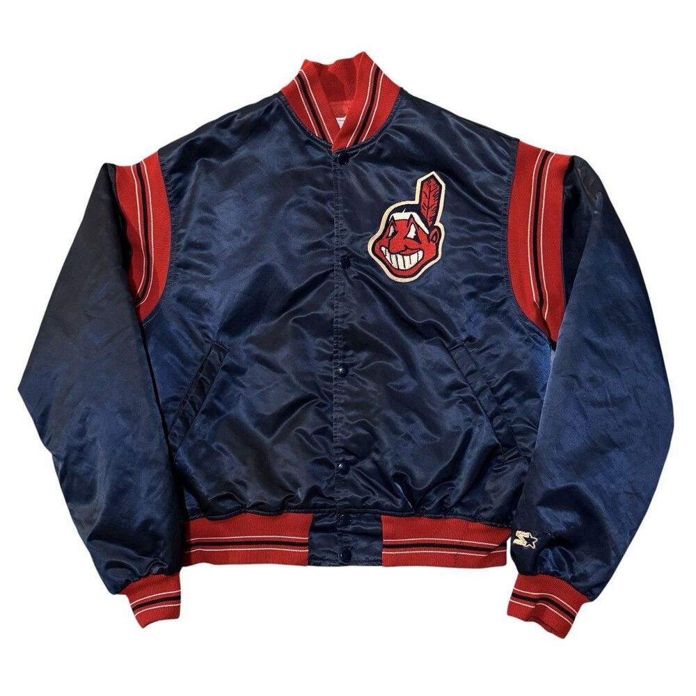 Vintage 80s Cleveland Indians Starter Satin Jacket Large L Chief Wahoo MLB Navy